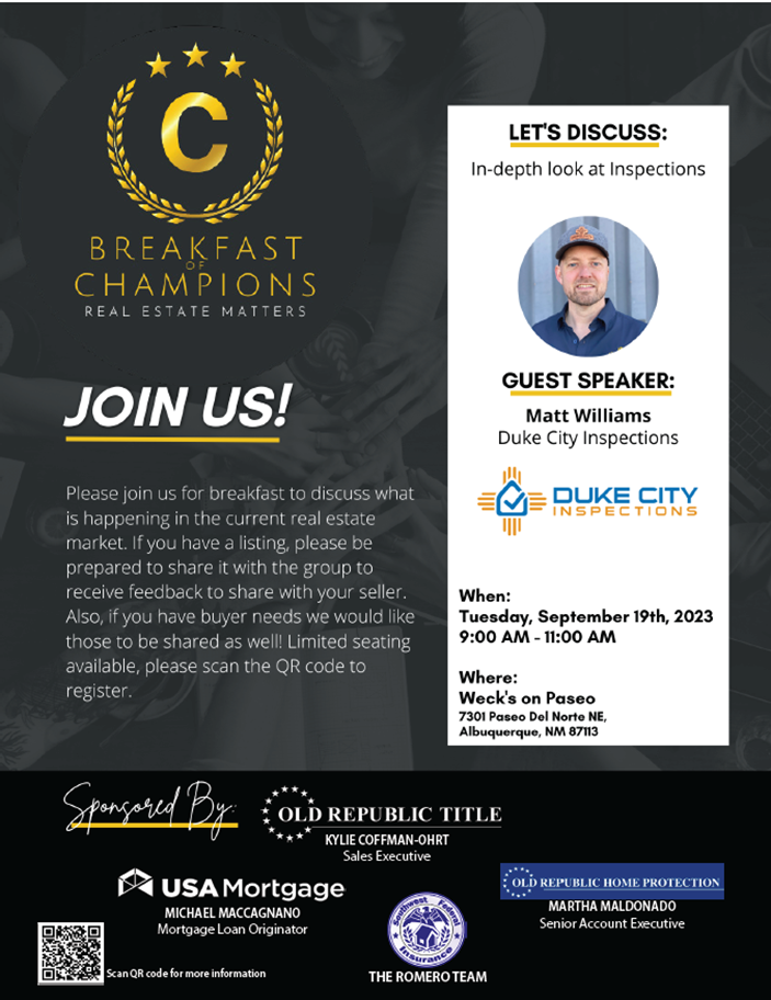Flyer with info about the September Breakfast of Champions event, taking a look at Inspections, with Guest Speaker Matt Williams