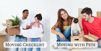 a spilt image with a couple on the left moving in with a box and the text "Moving Checklist" and on the right is a couple with a dog coming out of a box with the text "Moving with Pets"