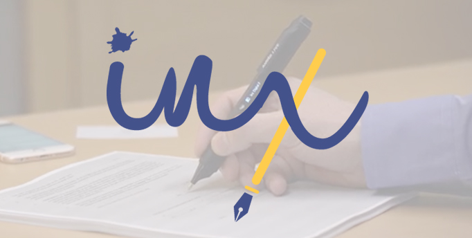 I N X written in cursive with quill pen as part of the X with a hand signing a document in the background