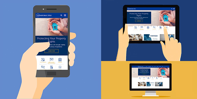 Cartoons of hand holding smartphone, hands holding iPad, and a computer monitor over blue and yellow background.