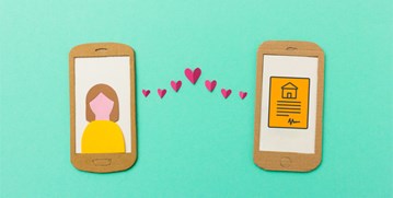 an image of two phone, one with a person and the other one has a home document with hearts between the two phone