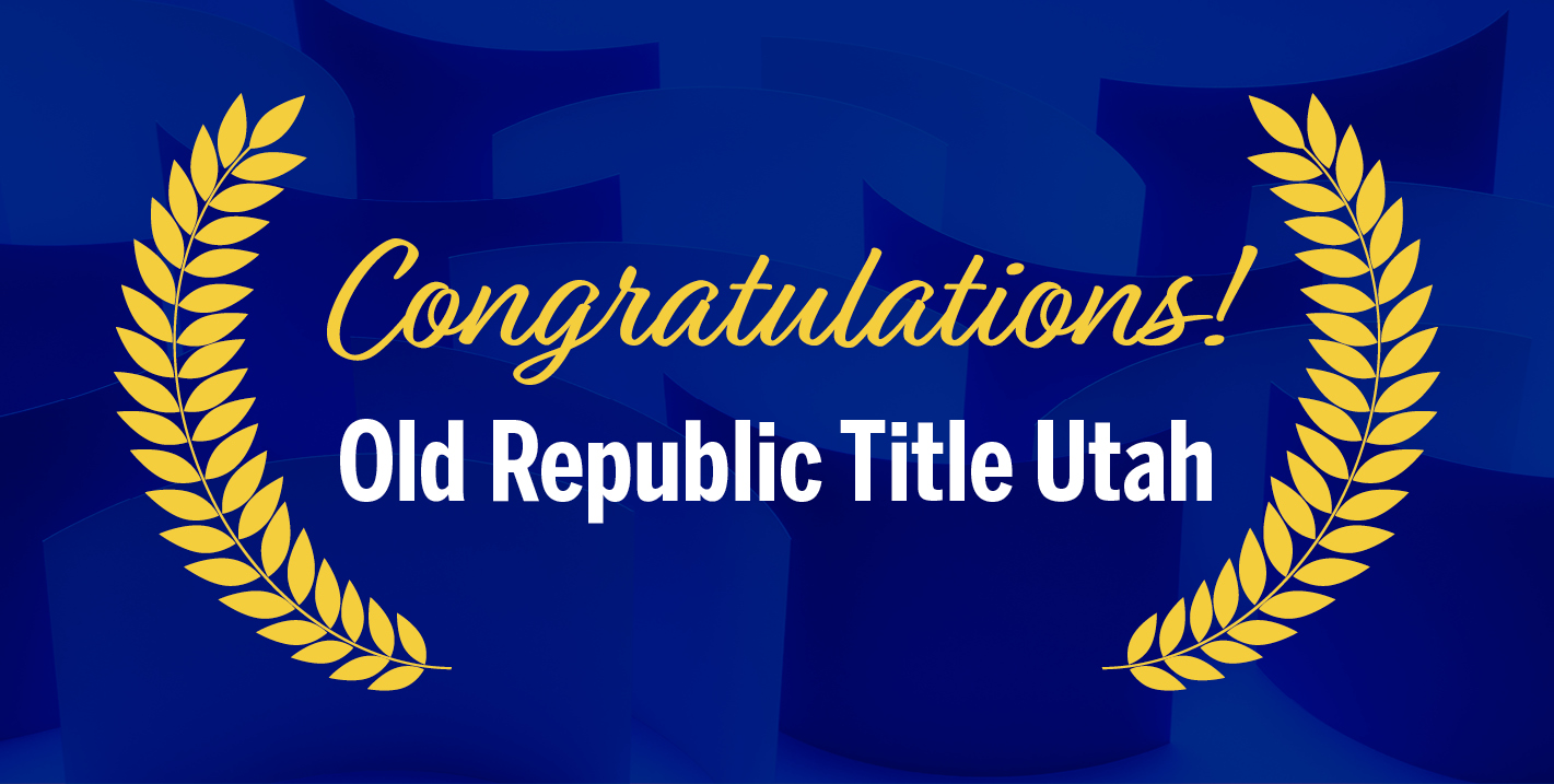 Yellow and white text reads "Congratulations! Old Republic Title Utah" between yellow laurel leaves, over dark blue background.