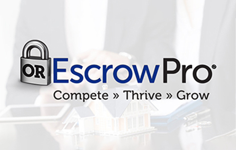 an image of the text "EscrowPro", "Comete, Thrive, Grow" with a  lock and OR on it and a faded background of a model house 