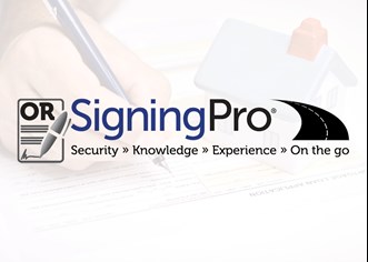 An image of the text "SigningPro" and the words "Security, Knowledge, Experience and On the go" With a illustration of a document being signed and a road 
