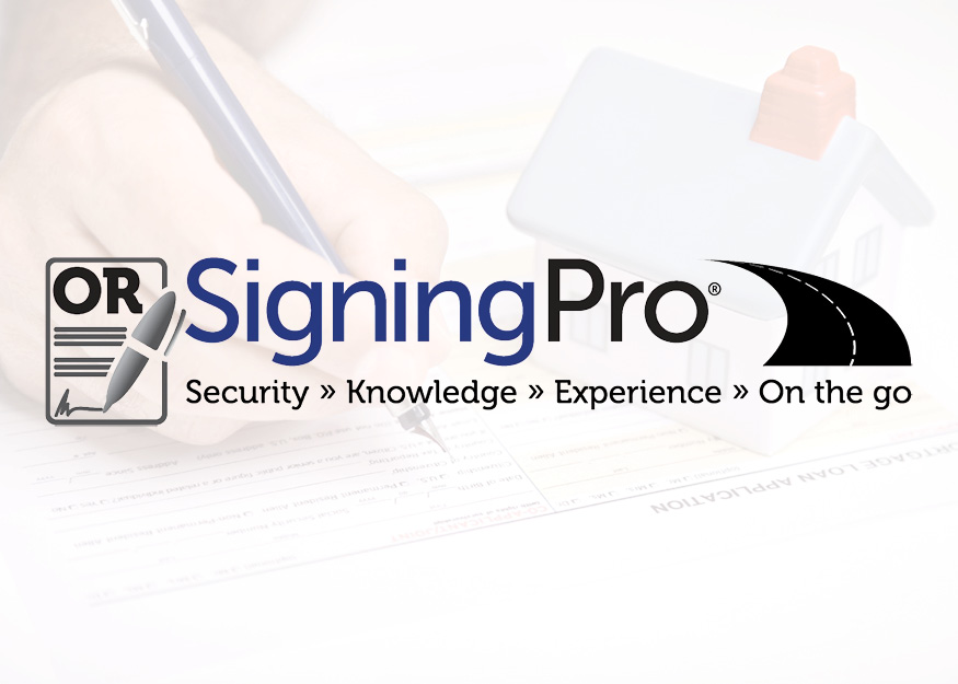 An image of the text "SigningPro" and the words "Security, Knowledge, Experience and On the go" With a illustration of a document being signed and a road 