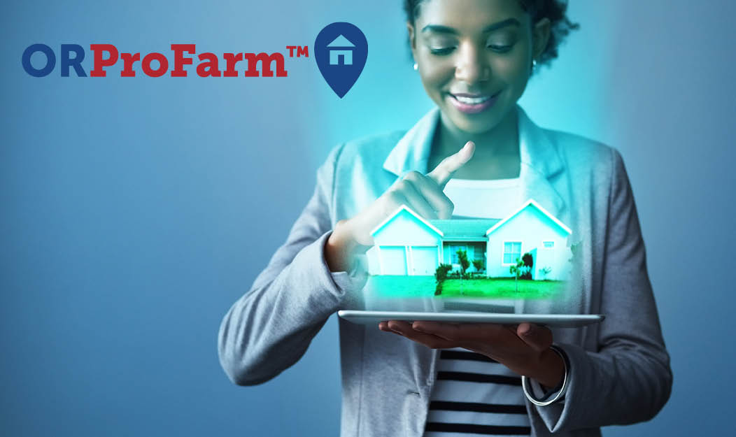 an image with the text "ORProFarm Tm" and a house in a location tag with a person holding a tablet with a hologram of a house  