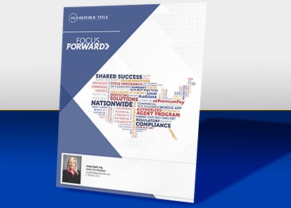 an image of the Agency Booklet with the text " Focus Forward" and a image of the US map made up of words