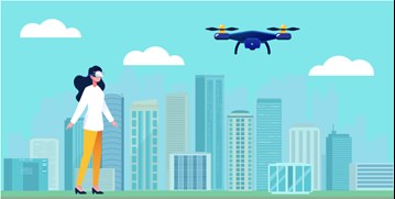 a person with a drone hovering and buildings at the background