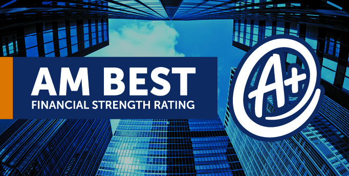 City towers with text "AM Best Financial Strength Rating" and an A+ symbol.