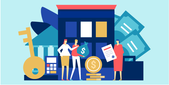 an image of a couple holding a bag of cash next to a lady with a document and behind is a house