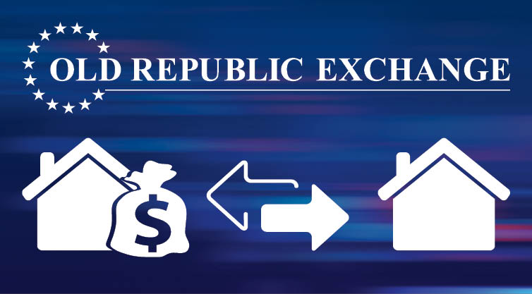 A picture that says Old Republic Exchange and below is a house with a cash bag and a filled in arrow pointing to the right where there's another house and behind the filled in right arrow, there's an outline arrow pointing to the left.