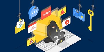 Hooded figure on laptop, surrounded by fishing hooks with virus symbols.