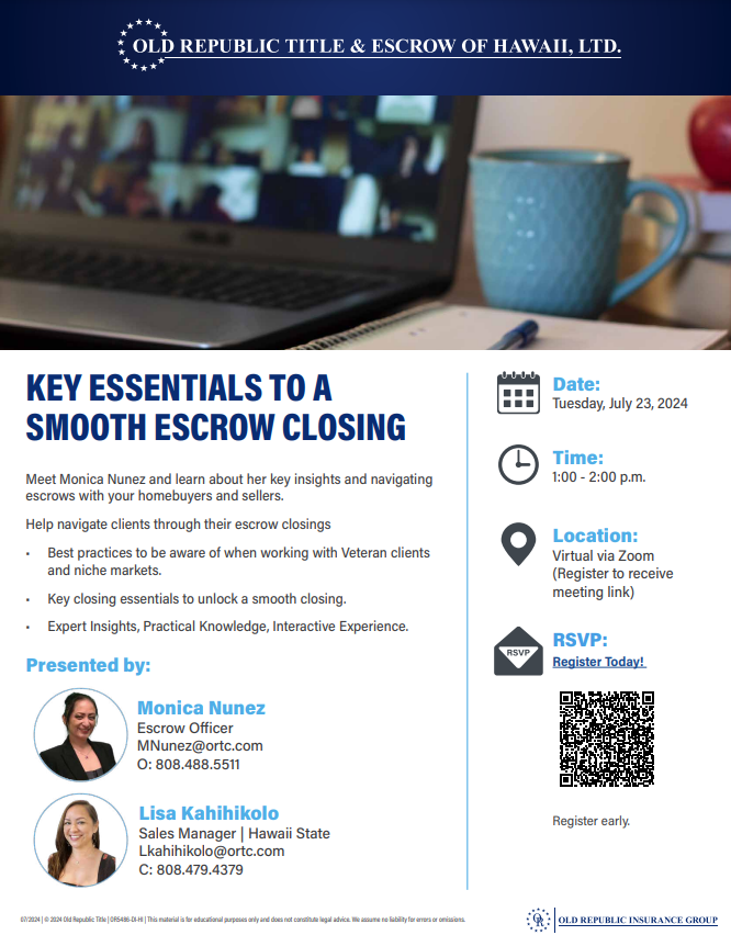 Flyer for July 2024 virtual course "Key Essentials to a Smooth Escrow Closing"