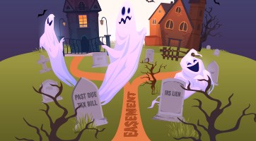 Illustration of ghosts coming out of a graveyard in front of two houses.